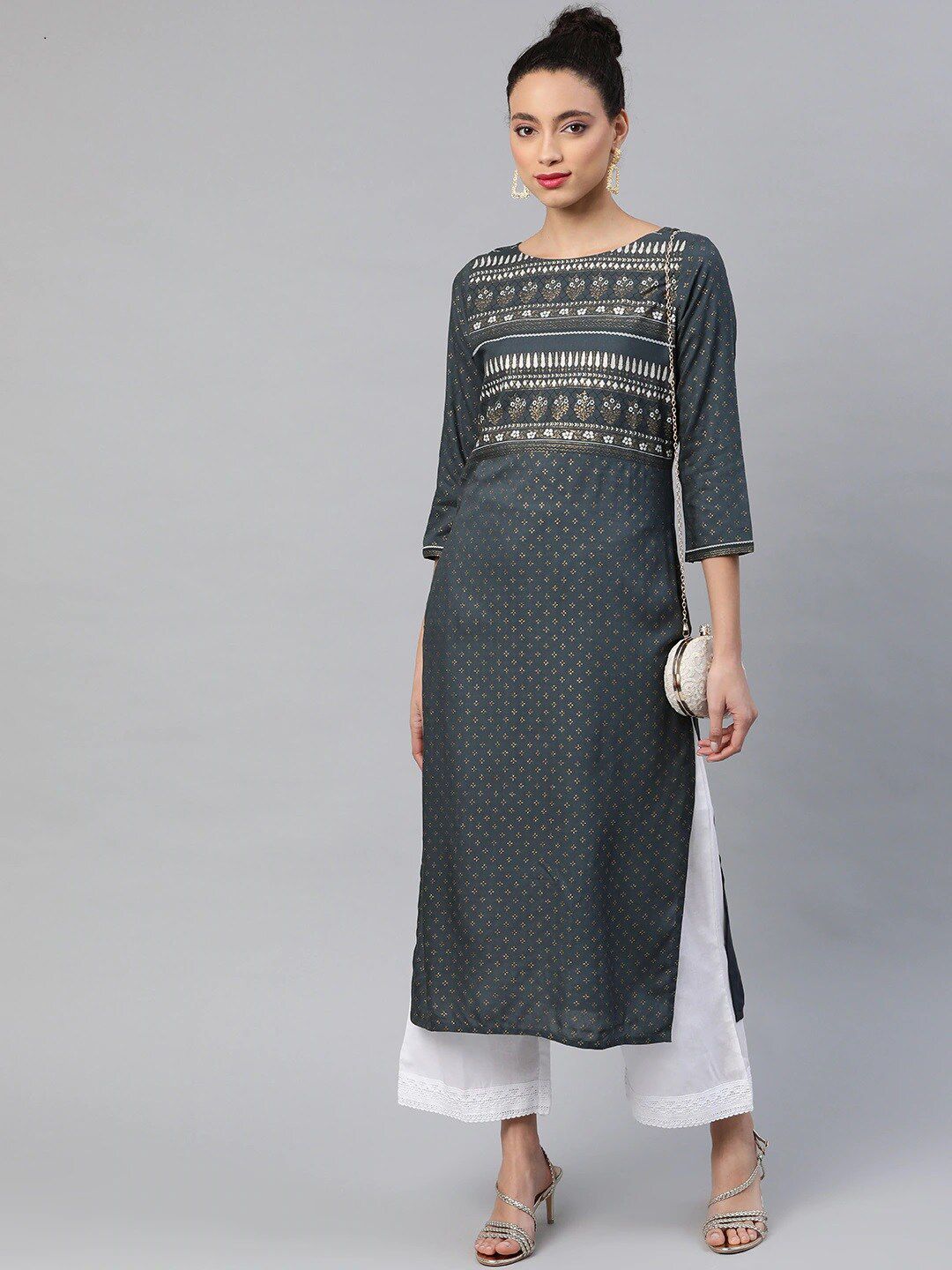 Dhiyona IE Grey Ethnic Motif Printed Three Quarter Sleeve Straight Kurta