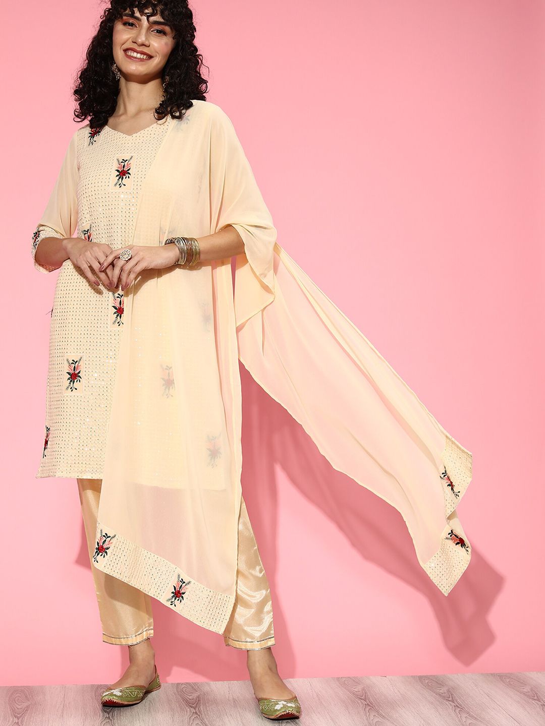 Indyancart IE Floral Embroidered Sequinned Kurta With Trouser & Dupatta