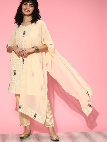 Indyancart IE Floral Embroidered Sequinned Kurta With Trouser & Dupatta