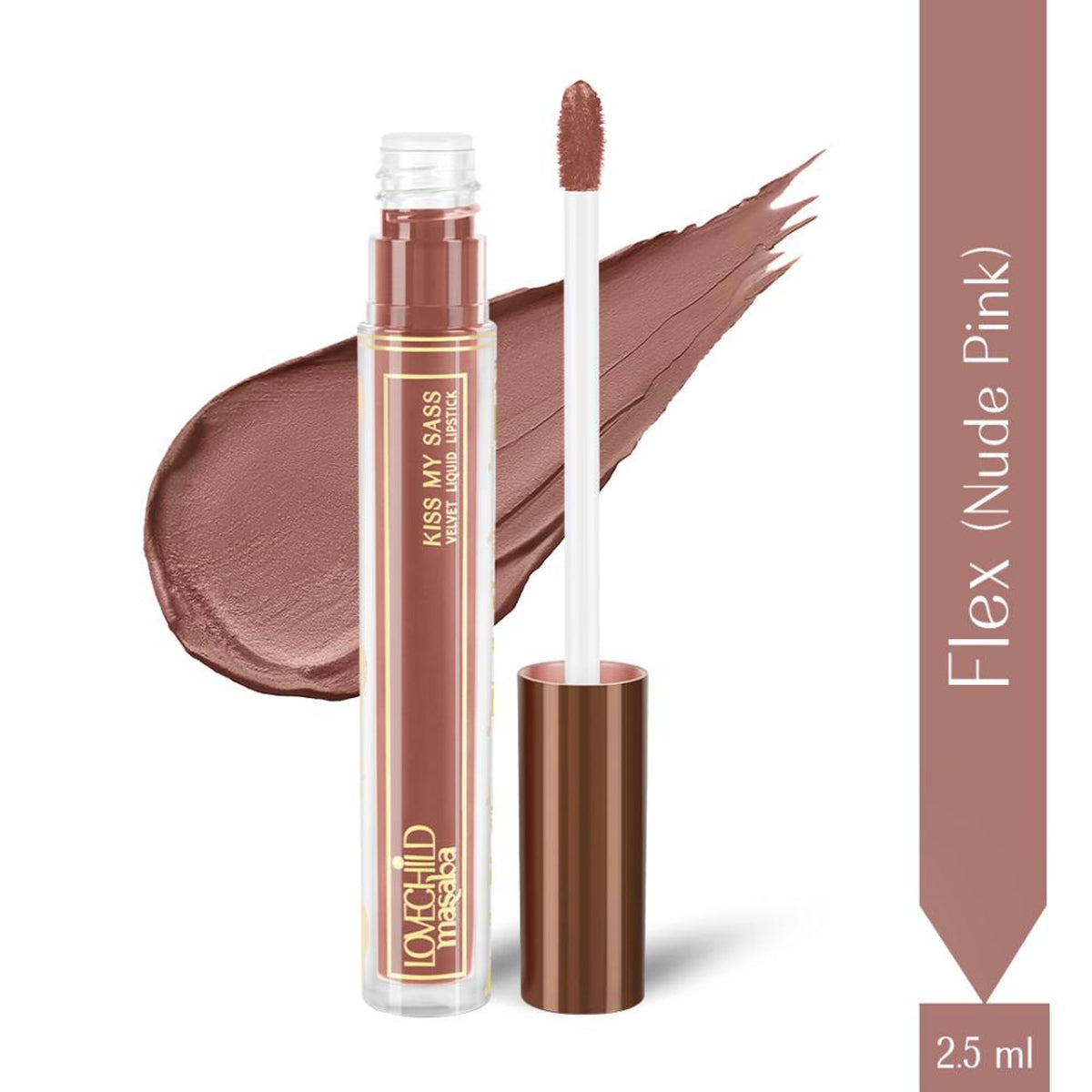 LoveChild Masaba transfer-proof velvet liquid lipstick in a rich shade, enriched with hyaluronic acid and kaolin clay, long-lasting finish.
