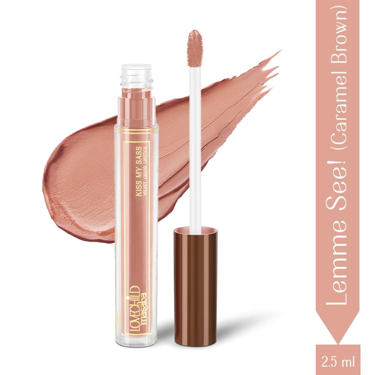 LoveChild Masaba transfer-proof velvet liquid lipstick in Lemme See shade, with hyaluronic acid and kaolin clay, displayed on a model's lips.