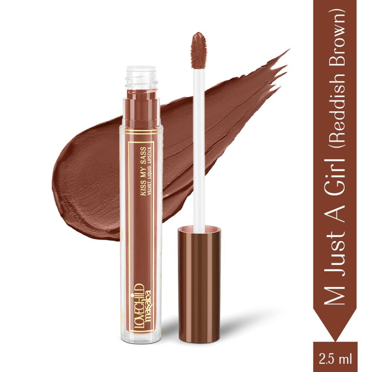 LoveChild Masaba transfer-proof velvet liquid lipstick in shade Just A Girl, enriched with hyaluronic acid and kaolin clay.