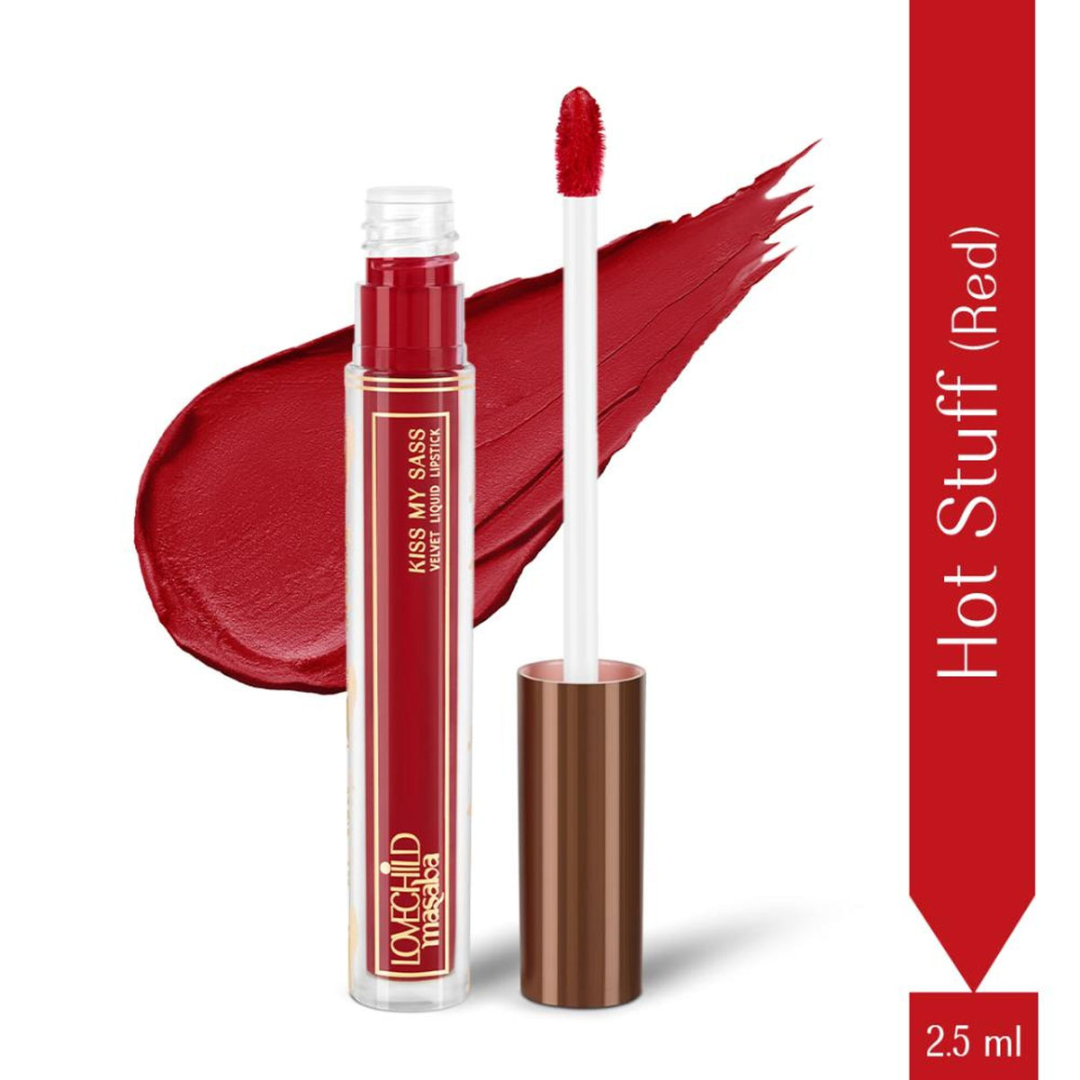 LoveChild Masaba Hot Stuff transfer-proof velvet liquid lipstick with hyaluronic acid and kaolin clay, showcasing its vibrant color.