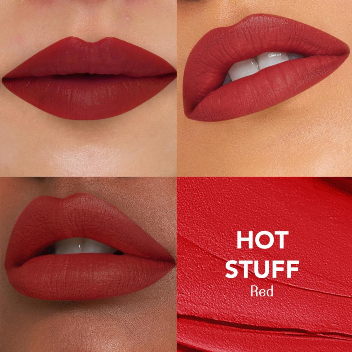 LoveChild Masaba transfer-proof velvet liquid lipstick in Hot Stuff shade, enriched with hyaluronic acid and kaolin clay, shown on lips.