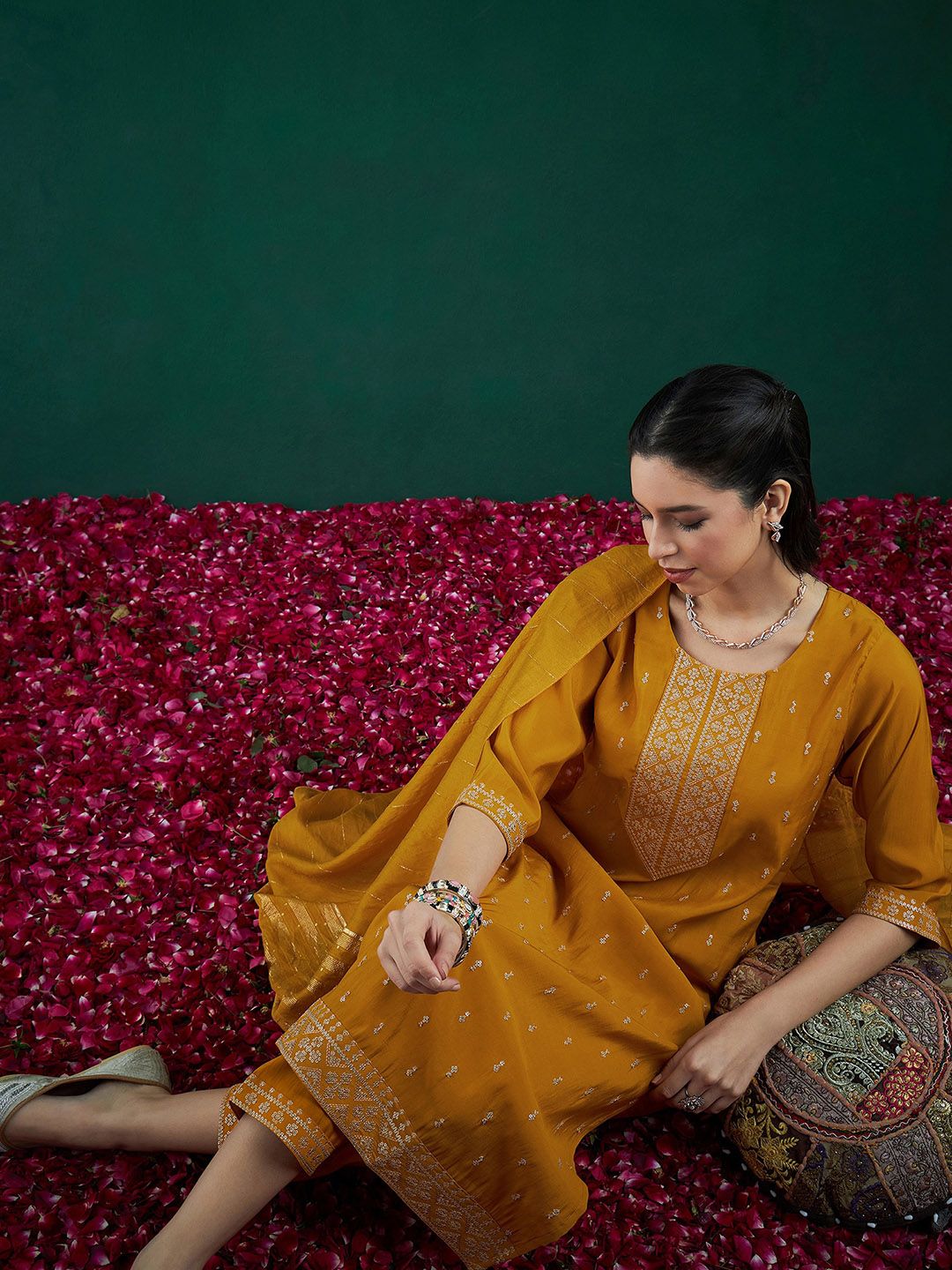 Indyancart IE Embroidered Regular Sequinned Chanderi Silk Kurta With Trousers & Dupatta