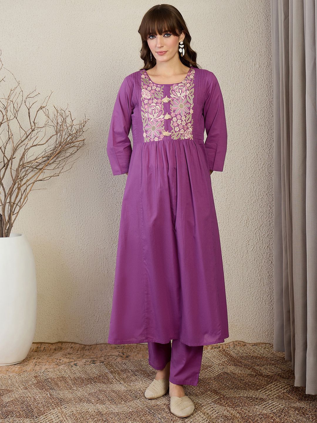Indyancart IE Embroidered Round Neck Top With Trousers Co-Ords