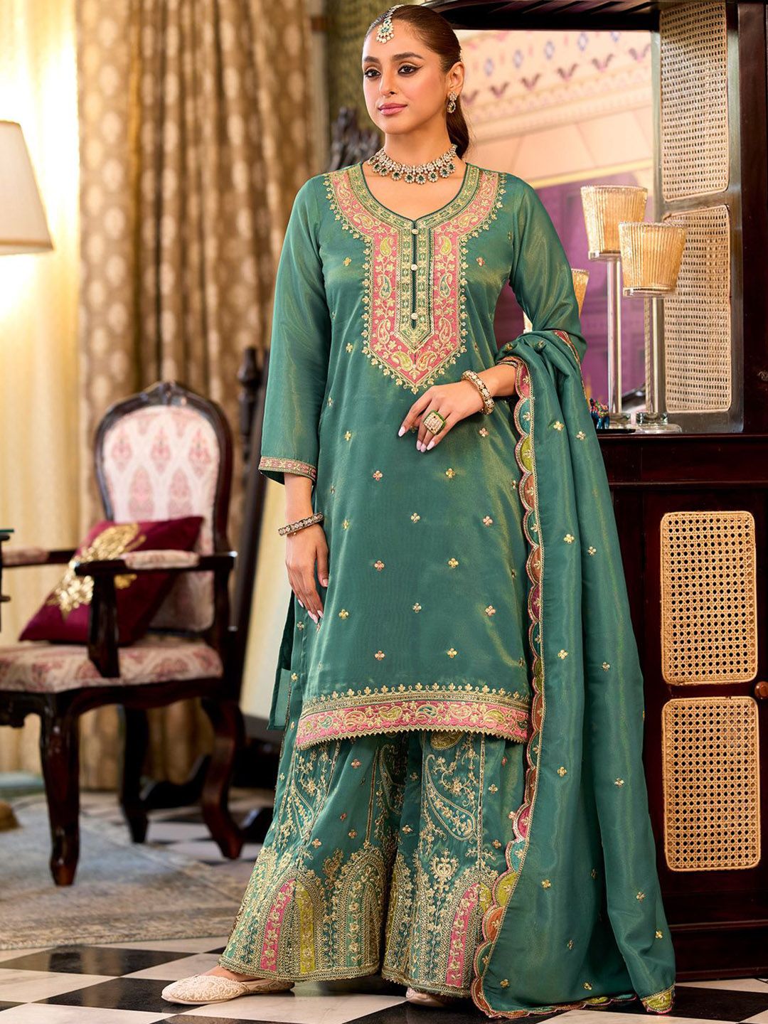 Floral Embroidered Sequinned Straight Kurta With Palazzos & Dupatta