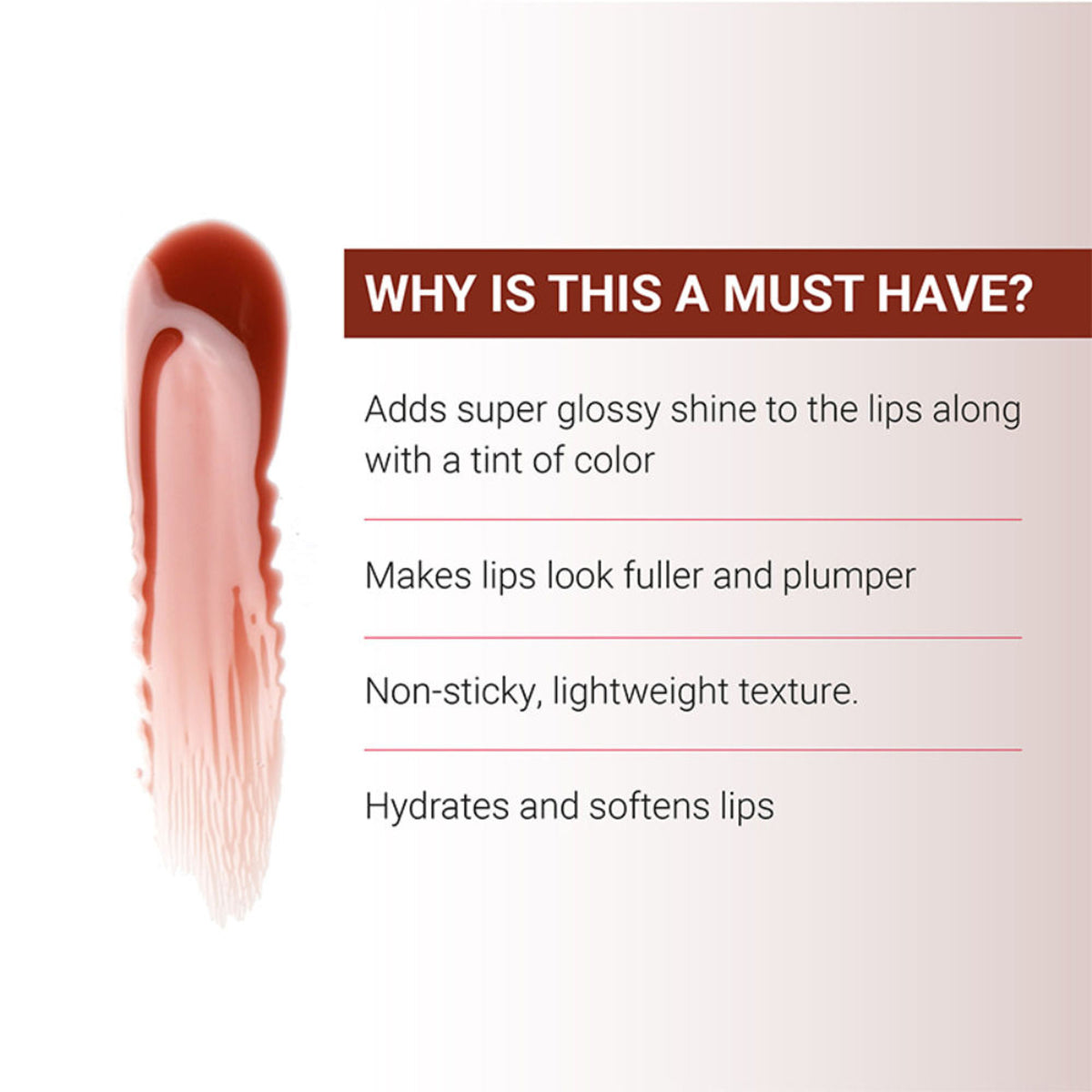 Iba Must Have High Shine Lip Oil in Mocha Glaze, showing glossy lips with a rich mocha color and smooth texture.