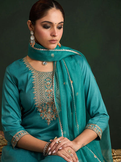 Dhiyona IE Women Ethnic Motifs Embroidered Regular Thread Work Kurta with Trousers & With Dupatta