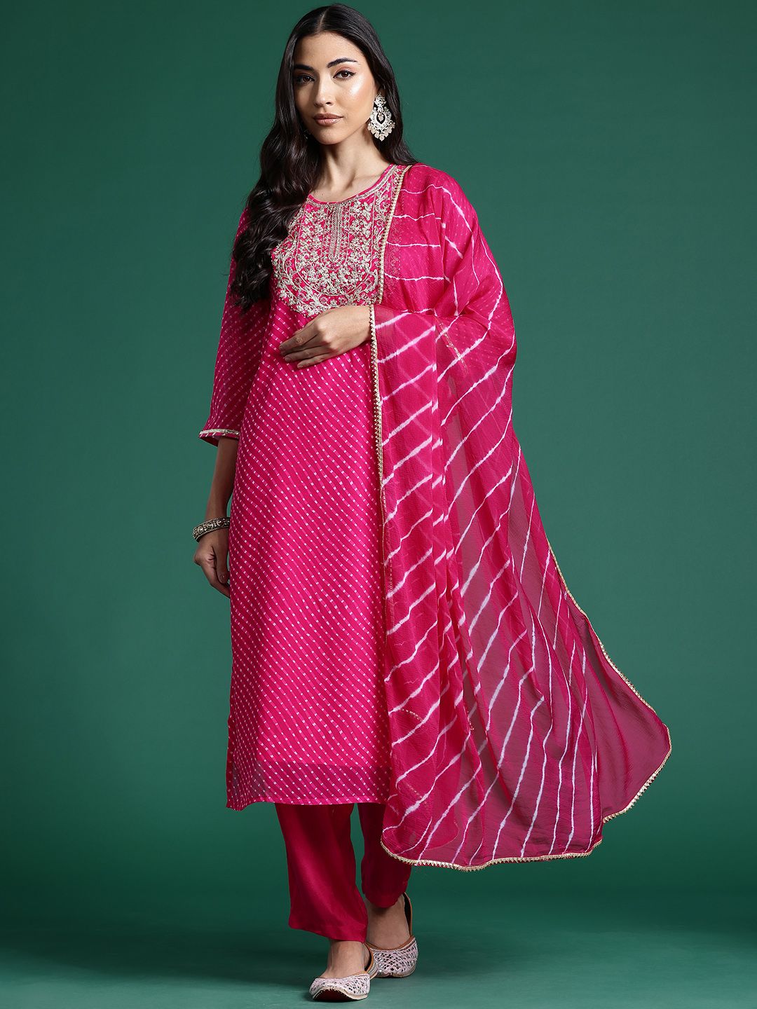 Indyancart IE Leheriya Printed Zari Kurta With Trousers & Dupatta