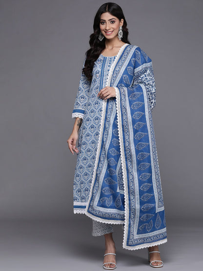 Indyancart VA Women's Blue & Grey Ethnic Printed Pure Cotton Kurta with Trousers & Dupatta
