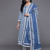 Indyancart VA Women's Blue & Grey Ethnic Printed Pure Cotton Kurta with Trousers & Dupatta