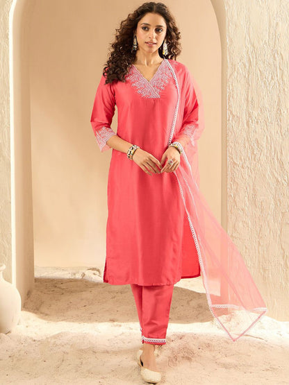 Indyancart IE Women Floral Embroidered Regular Thread Work Kurta with Trousers & Dupatta