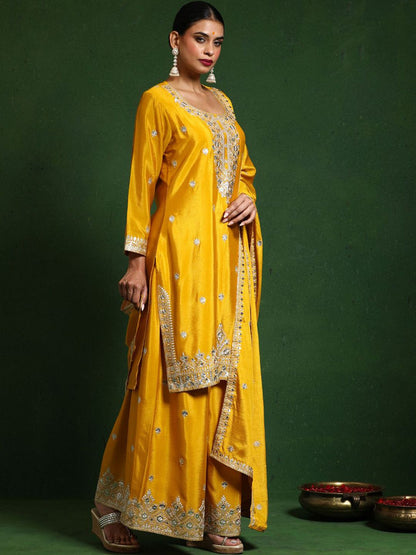 Indyancart VA Floral Embroidered Zari Work Straight Kurta With Palazzos & Dupatta