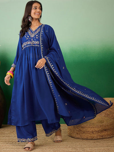 Indyancart SN Women's Floral Embroidered A-Line Kurta With Palazzo & Dupatta