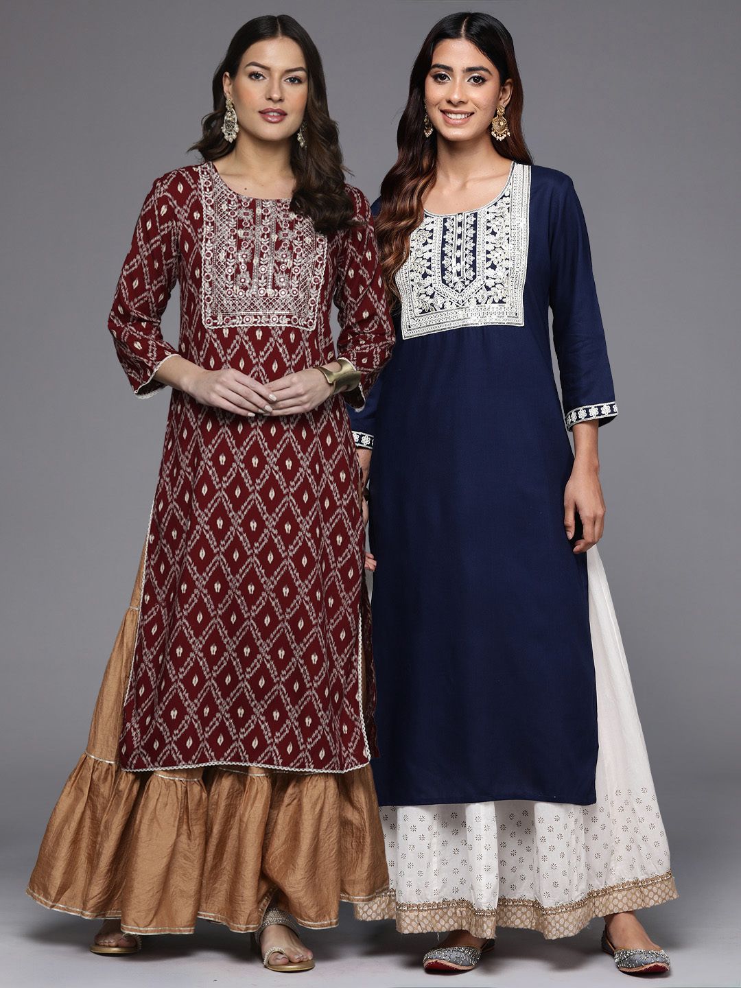 Dhiyona IE Pack Of 2 Floral Embroidered Thread Work Kurta
