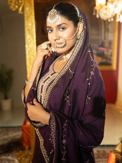 Indyancart IE Sequinned Embroidered Round Neck Kurta With Trousers & Dupatta