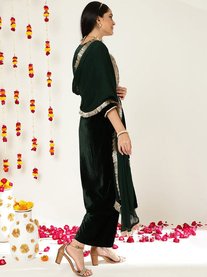 Indyancart VA Green Ethnic Motifs Embroidered Velvet Straight Kurta & Palazzos With Dupatta