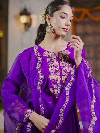 Indyancart IE Floral Embroidered Sequinned Liva Kurta With Trousers & Dupatta