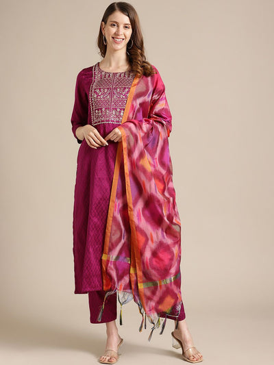 Indyancart VA Women's Magenta Ethnic Motifs Kurta with Trousers & With Dupatta