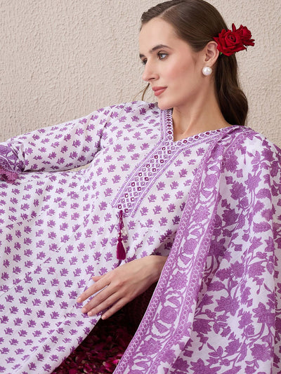Indyancart IE Floral Printed V-Neck Empire Pure Cotton Anarkali Kurta With Trouser And Dupatta