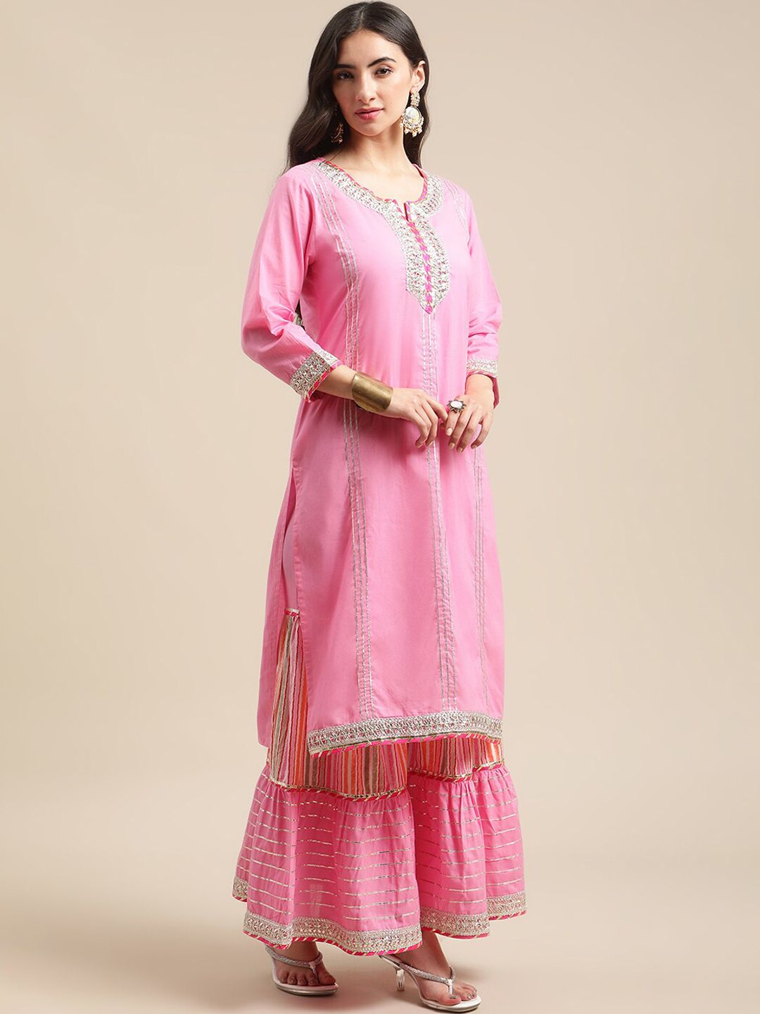 Indyancart VA Women's Pink Gotta Patti Pure Cotton Kurta with Sharara & Leheriya Dupatta