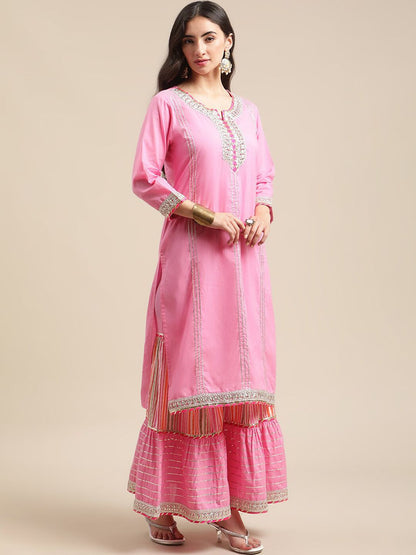 Indyancart VA Women's Pink Gotta Patti Pure Cotton Kurta with Sharara & Leheriya Dupatta
