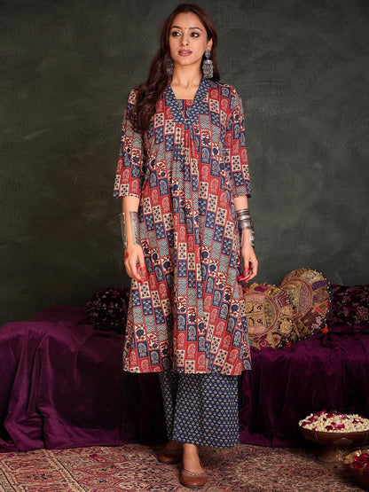 Indyancart IE Ethnic Motifs Printed Pure Cotton Kurta With Trousers