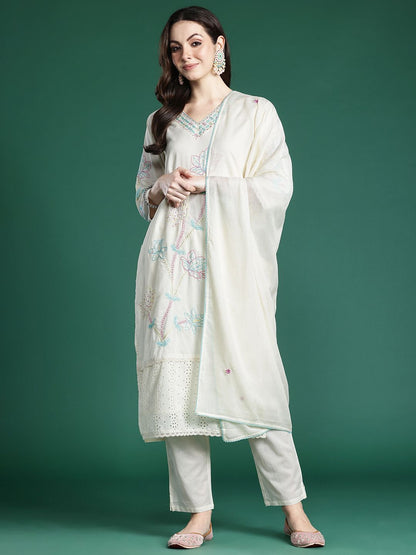 Floral Embroidered Thread Work Pure Cotton Kurta with Trousers & With Dupatta