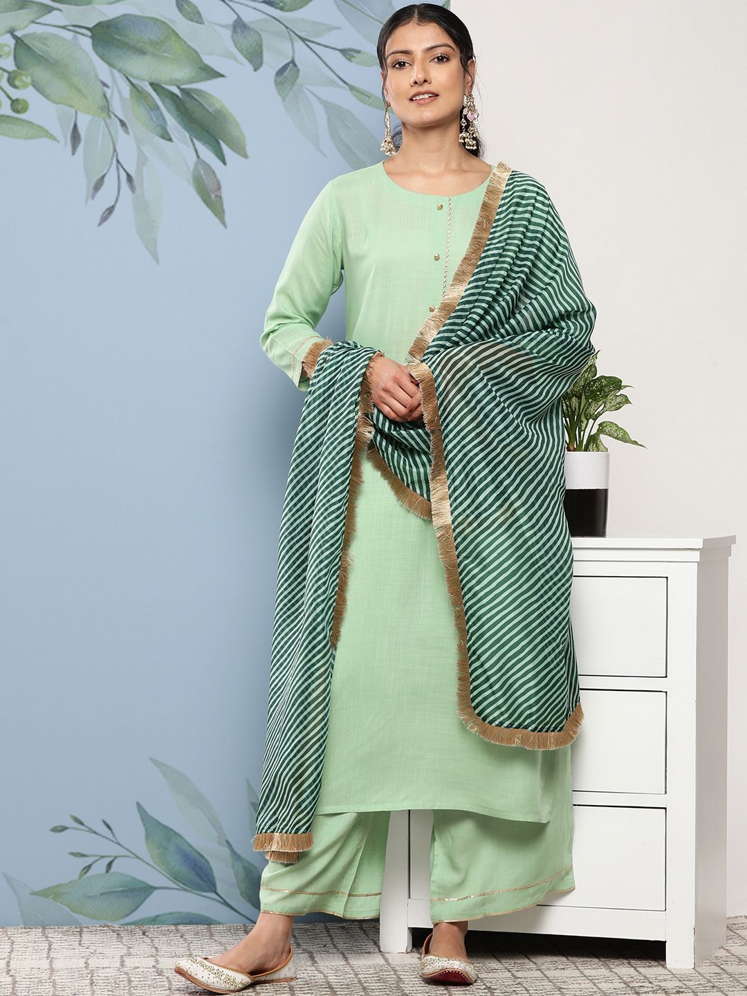 Indyancart VA Women's Green Kurta with Palazzos & With Dupatta
