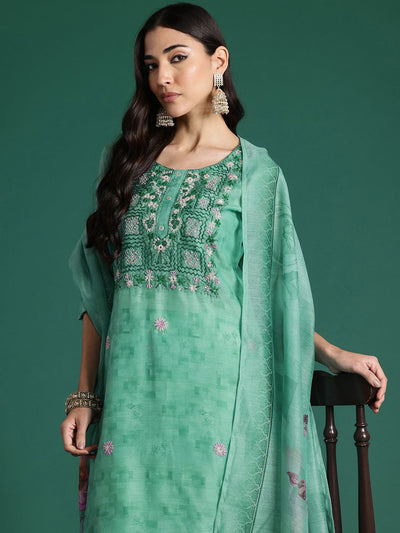 Indyancart IE Floral Printed Thread Work Chanderi Silk Kurta with Trousers & Dupatta