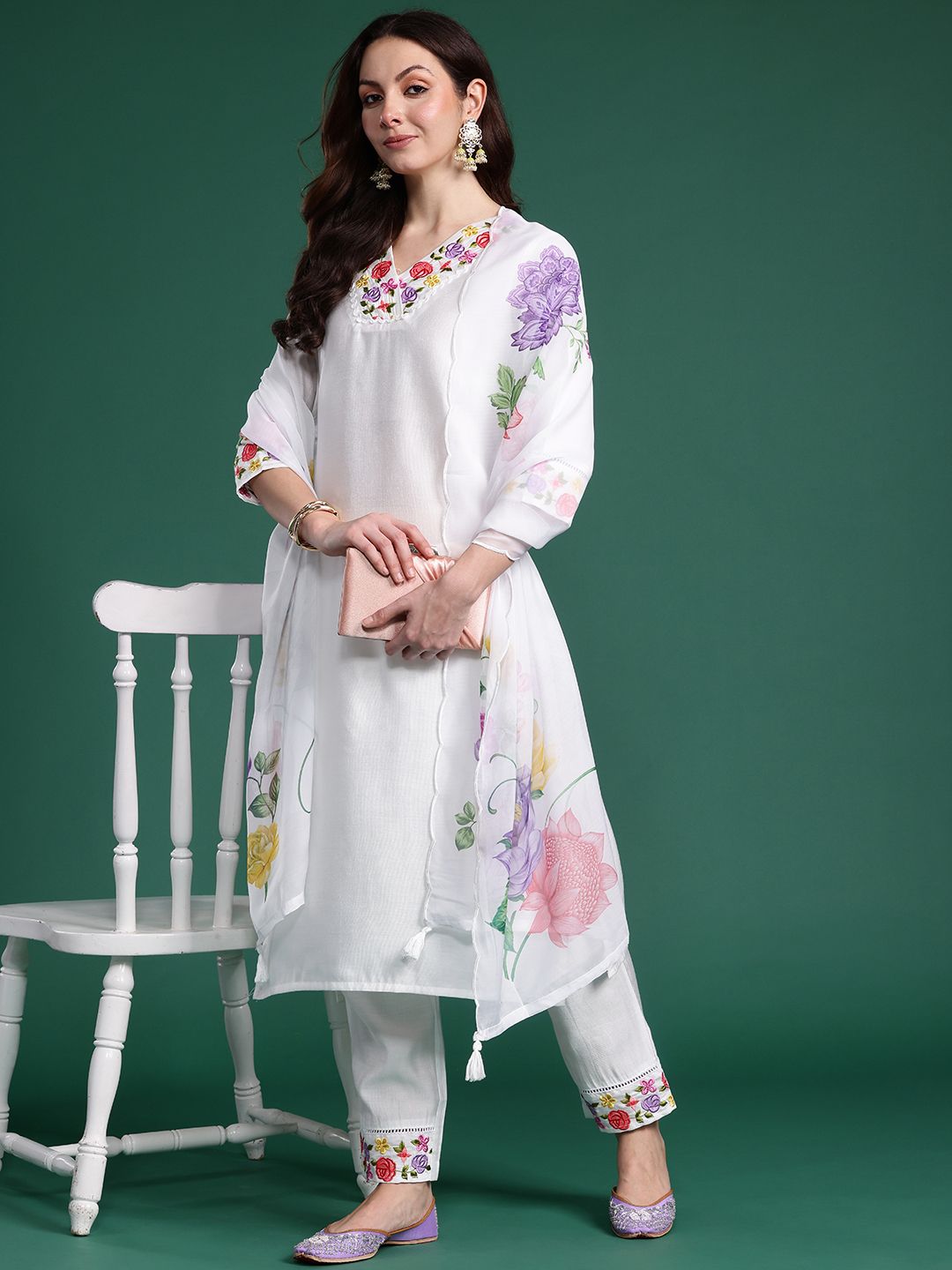 Floral Embroidered Kurta with Trousers & Dupatta