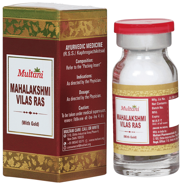 Multani Mahalaxmi Vilas Ras Ayurvedic tablets in a container with gold accents, designed for traditional health benefits.