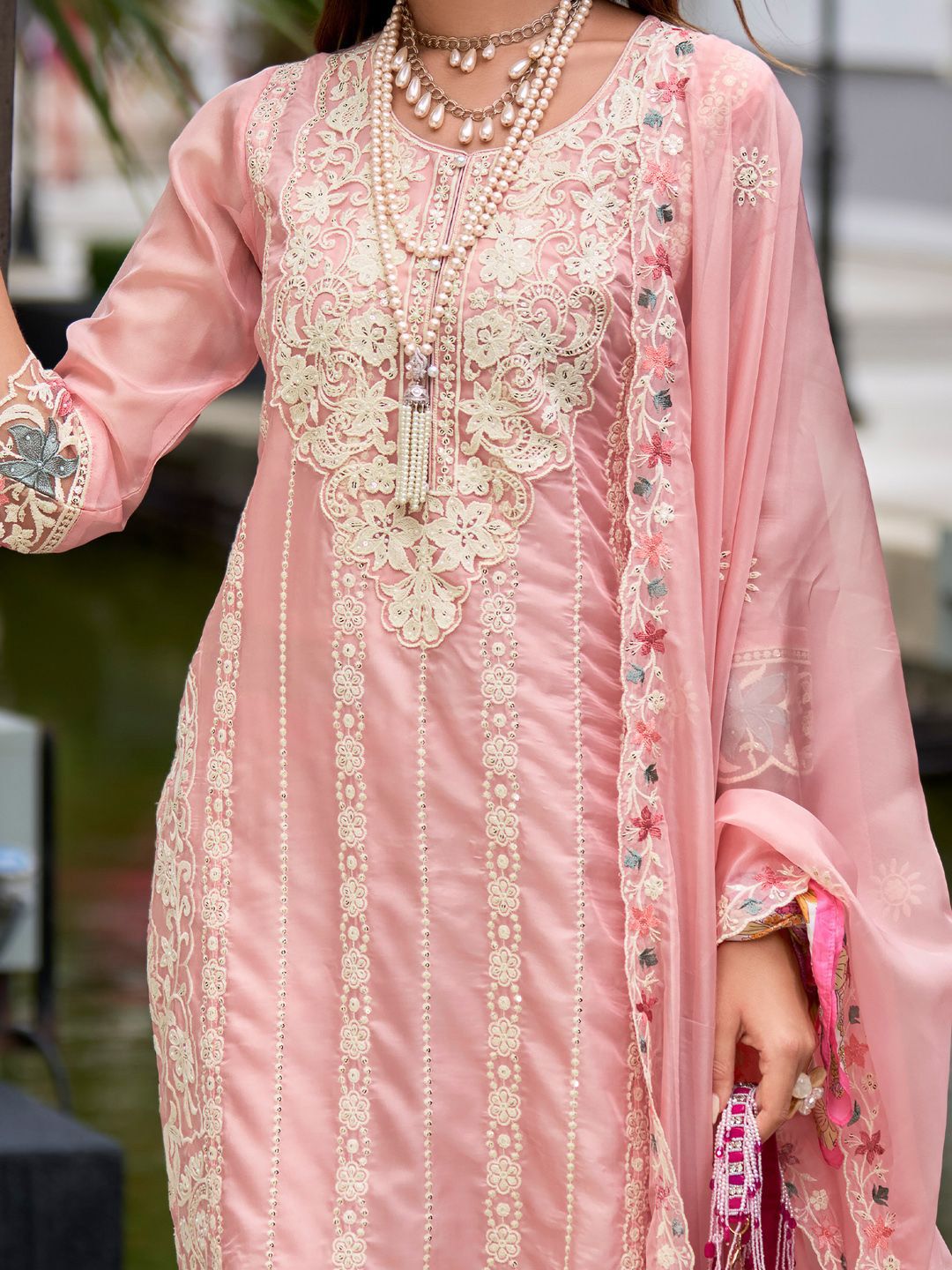 Floral Embroidered Sequinned Straight Kurta with Trouser & Dupatta
