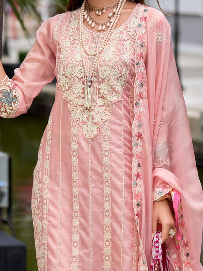 Floral Embroidered Sequinned Straight Kurta with Trouser & Dupatta