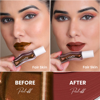 La Mior All Day Strong Peel-Off Lip Tattoo Kit in All Day Latte Coffee Brown, showing the lip tattoo application on lips.