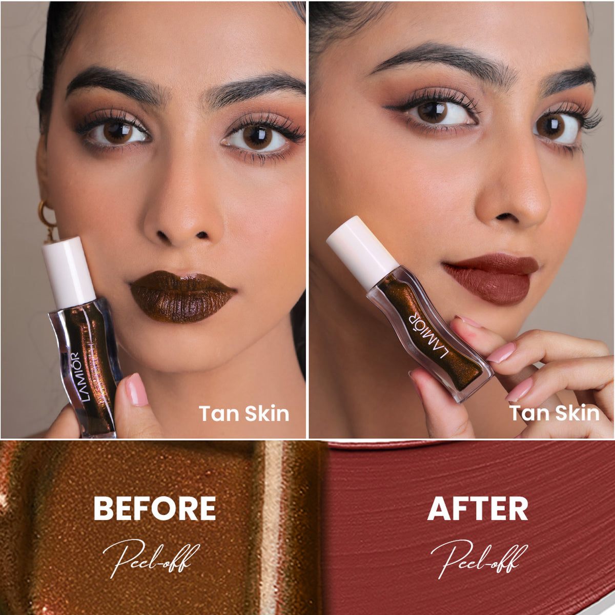 La Mior All Day Strong Peel-Off Lip Tattoo Kit in All Day Latte Coffee Brown with lip tattoo strips and applicator tools.