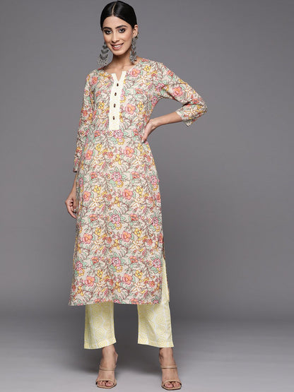 Indyancart VA Women's Beige Floral Printed Beads and Stones Pure Cotton Kurta with Trousers