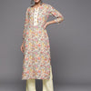 Indyancart VA Women's Beige Floral Printed Beads and Stones Pure Cotton Kurta with Trousers