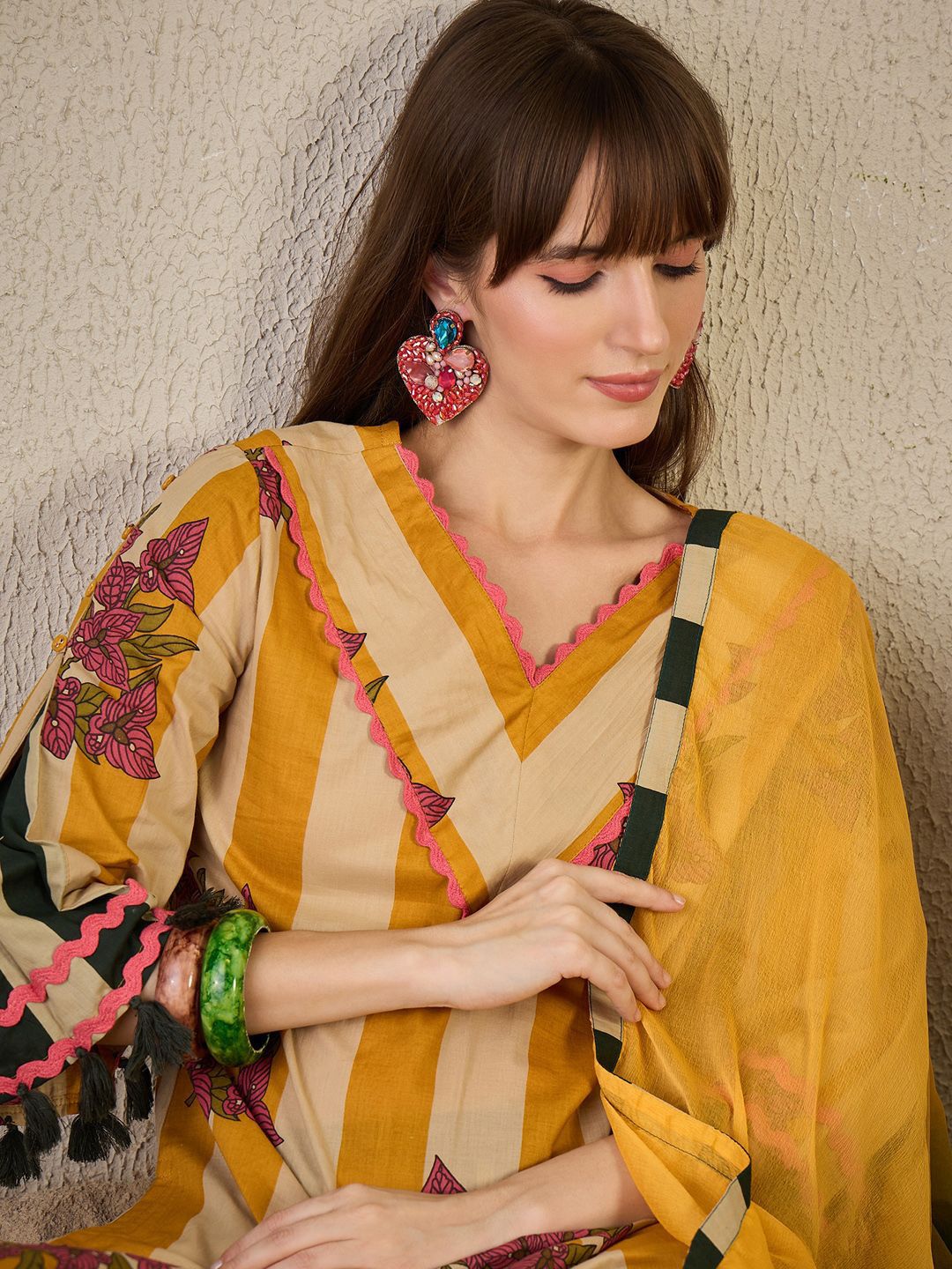 Floral Printed Pure Cotton Kurta with Trousers & Dupatta