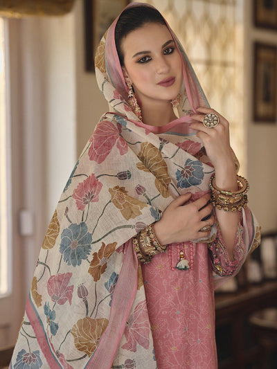 Indyancart IE Floral Printed Thread Work Linen Kurta Set
