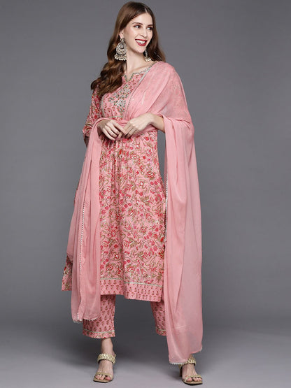 Dhiyona VA Women's Pink Printed Gotta Patti Pure Cotton Kurta with Trousers & Dupatta