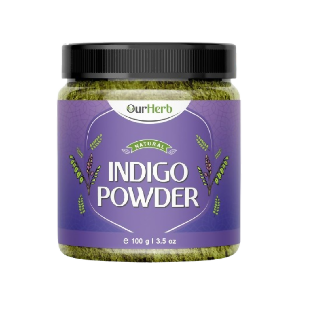 OurHerb organic indigo leaves powder for black hair color, shown in a natural hair mask form with vibrant blue-green leaves.