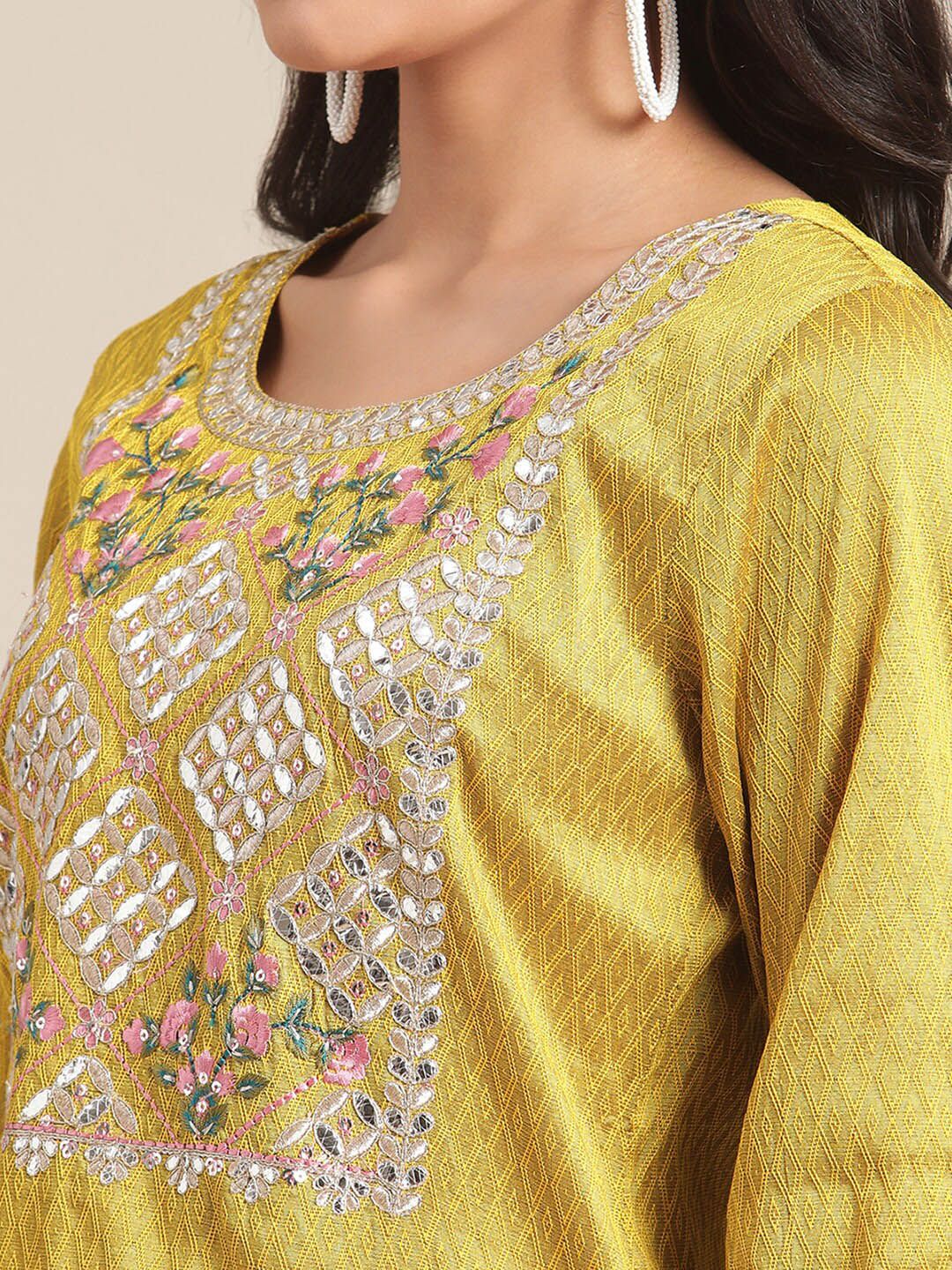 Indyancart VA Women's Mustard Yellow Embroidered Pure Silk Kurta with Trousers & With Dupatta