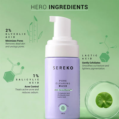 Sereko Pore-Clearing Face Wash with 1% Salicylic Acid, 2% Glycolic Acid for Active Acne,Oil Control