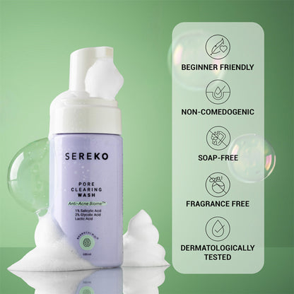 Sereko Pore-Clearing Face Wash with 1% Salicylic Acid, 2% Glycolic Acid for Active Acne,Oil Control