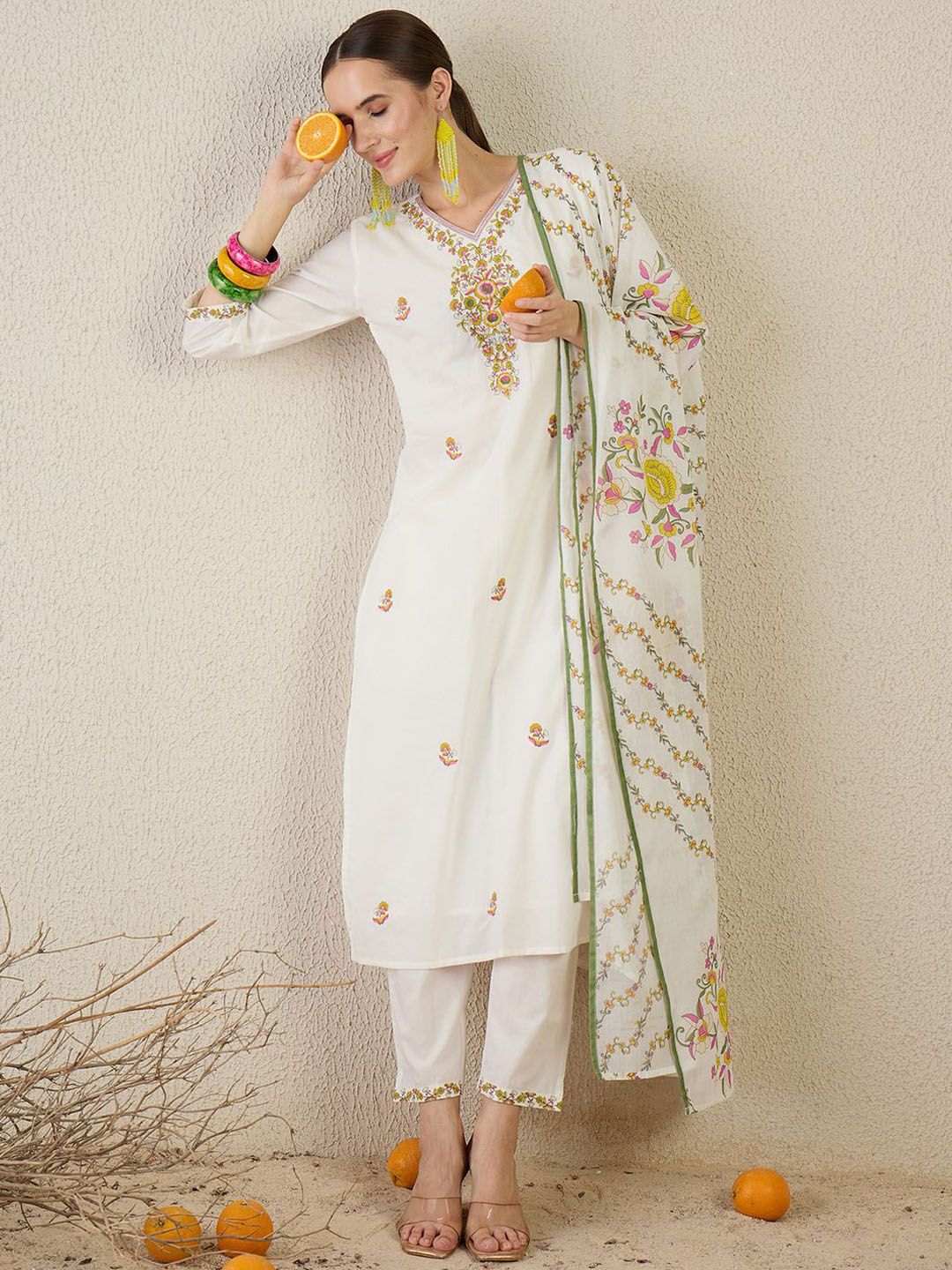 Floral Printed V-Neck Pure Cotton Straight Kurta With Trouser & Dupatta
