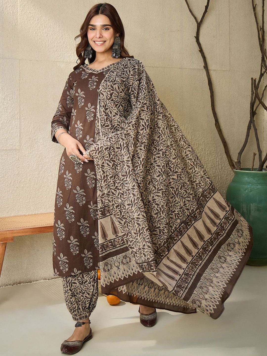 Indyancart IE Floral Printed V Neck Pure Cotton Kurta With Salwar & With Dupatta