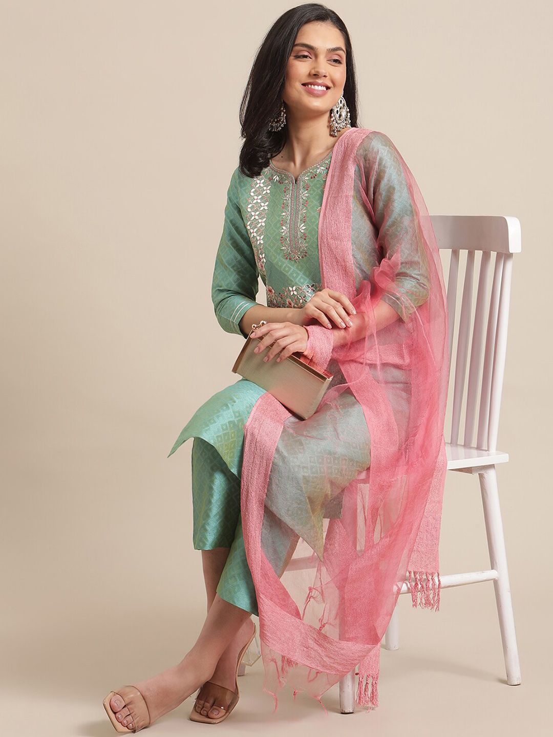 Indyancart VA Women's Floral Embroidered Thread Work Kurta with Trousers & With Dupatta