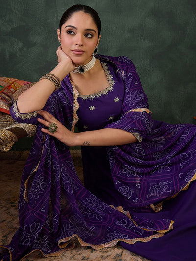 Indyancart IE Embroidered Square Neck Anarkali Kurta With Trousers And Dupatta